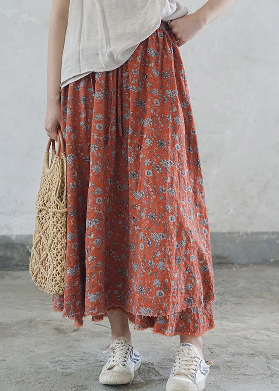 Women Red elastic waist tie waist Print Cotton Skirts Spring leather skirt modern