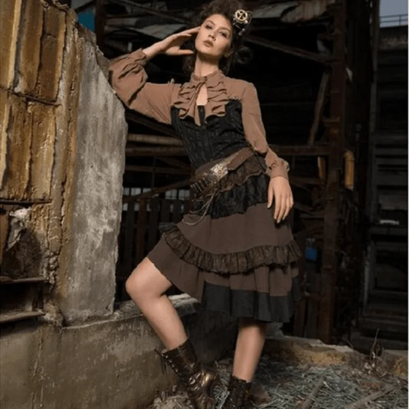 Women's Assymmetrical Net and Lace Frilled Steampunk Skirt cashmere skirt soft