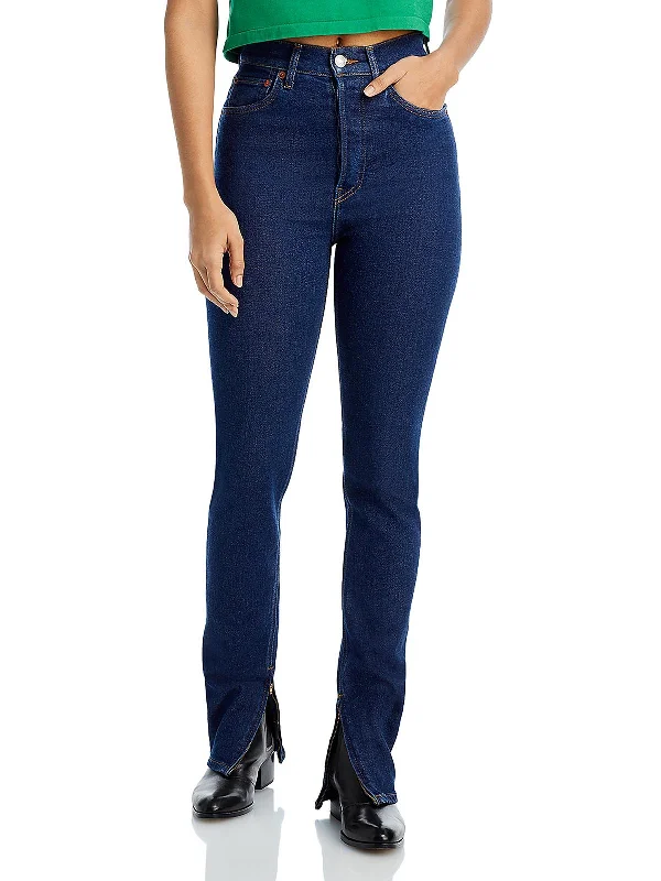 Womens High Rise Ankle Slit Slim Jeans Comfortable Straight-Legged Denim