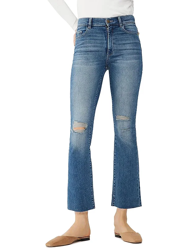 Womens High Rise Distressed Bootcut Jeans Chic Double Waistband Jeans