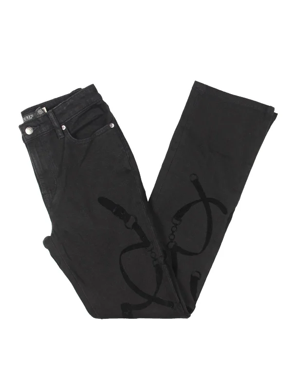 Womens High Rise Flocked Print Bootcut Jeans Cozy Relaxed Fit Jeans