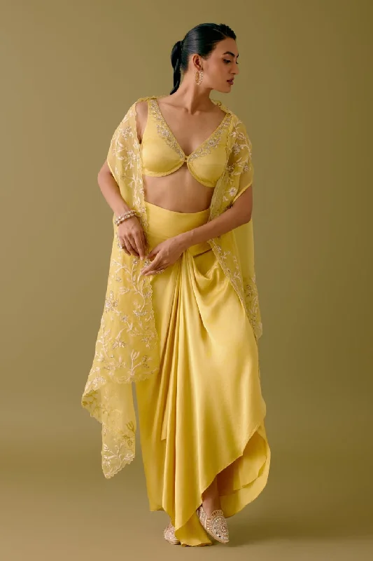 Yellow Sequined Cape and Draped Skirt Set chiffon skirt airy