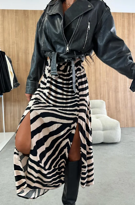 Zelda Zebra Patterned Side Slit Midaxi Skirt-Stone satin skirt smooth