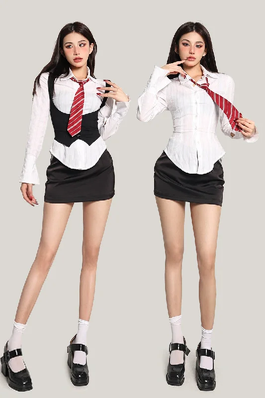 Zion Solid Color White Long Sleeve Button Up Office Shirt Black Vest High Waist Mini Skirt Three-piece Matching Set leather skirt modern