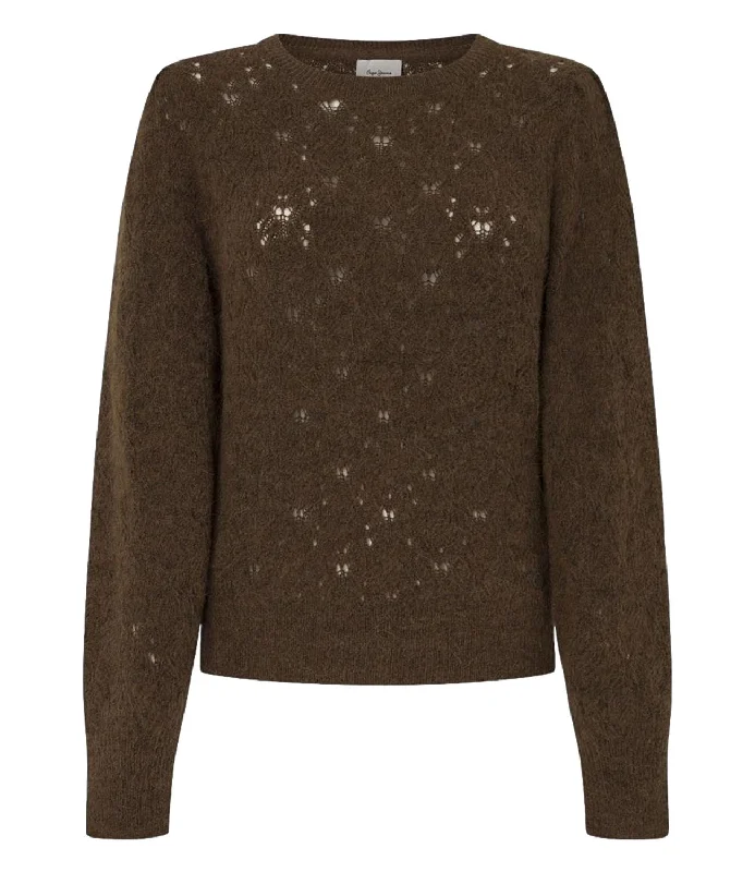 Pepe Jeans pullover girocollo Helen crew, marrone, traforato, lana e alpaca, donna Comfortable Stretch Fit Jeans Pepe Jeans pullover girocollo Helen crew, marrone, traforato, lana e alpaca, donna Comfortable Stretch Fit Jeans