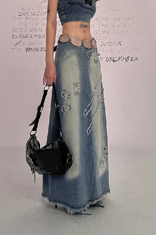 Mila Denim Blue Washed Vintage Patchwork Frayed A-Line Long Jeans Skirt Trendy Classic Fit Jeans Mila Denim Blue Washed Vintage Patchwork Frayed A-Line Long Jeans Skirt Trendy Classic Fit Jeans