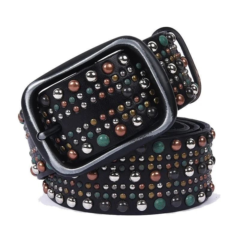 Punk Style Unisex Genuine Leather Geometric Pattern Rivet Decor Jeans Belt Trendy Plus Size Jeans Punk Style Unisex Genuine Leather Geometric Pattern Rivet Decor Jeans Belt Trendy Plus Size Jeans