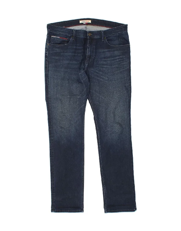 TOMMY HILFIGER Womens Slim Jeans W36 L34 Navy Blue Trendy Patchwork Denim Jeans